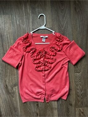 Grace Coral Pink Ruffle Front Long Sleeve Button Up Cardigan Sweater Size M